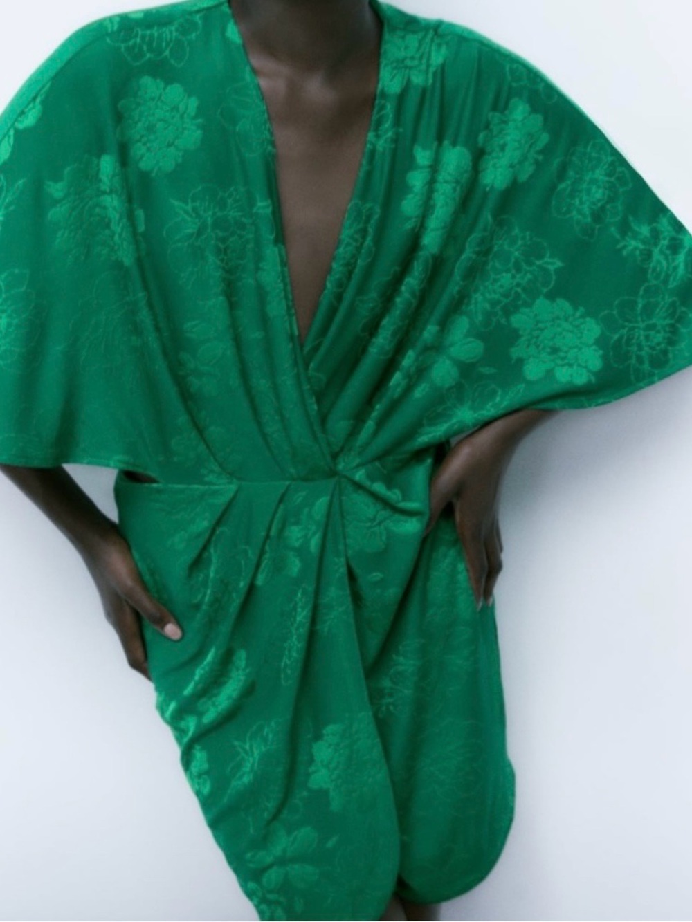 Zara Green FloralTextured Wrap Cut Out Dress Size L